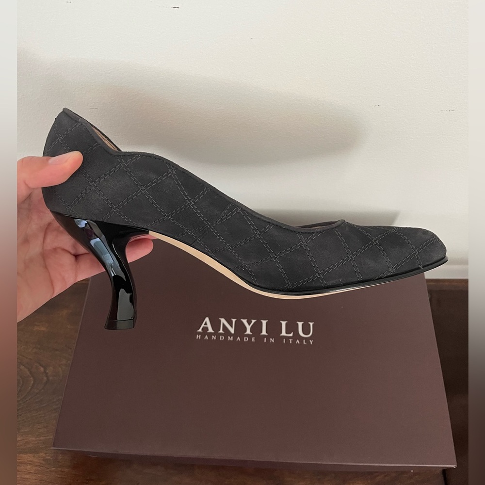 Anyi Lu Remy Grey Quilted Suede Heels